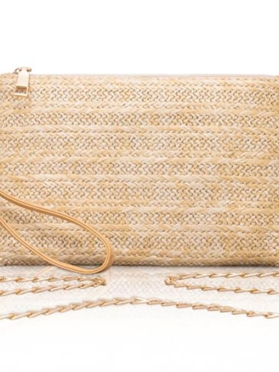 Handbags - 🆕 Straw Clutch Purses for Women w/Wrist Strap, Beige Woven Beach Purse & Chain